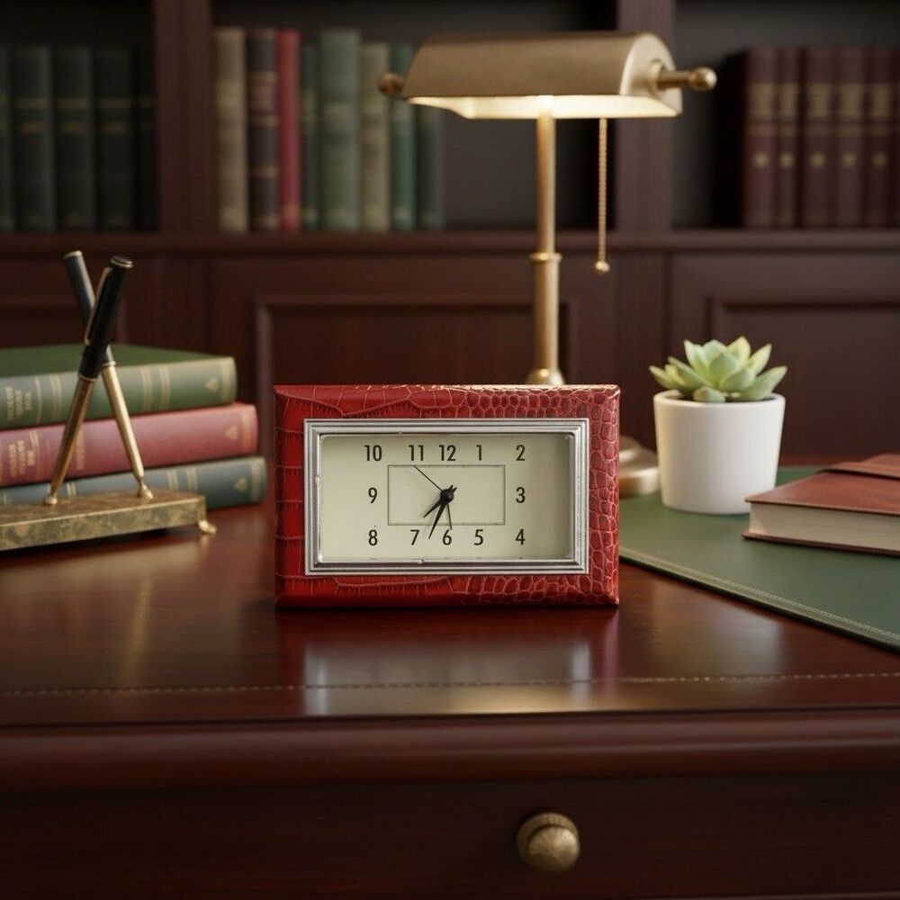 VTG Art Deco Red Leather Desk Clock Made In Italy READ